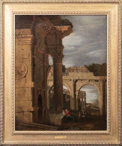 ARCHITECTURAL CAPRICCIO OF THE MADONNA & CHILD OIL PAINTING
