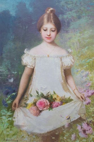 GIRL CARRYING ROSES IN A GARDEN OIL PAINTING