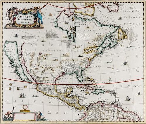 (MAP) HONDIUS, HERNICUS. America Septentrionalis. Amsterdam, 1639. First state with imprint cartouche blank and French text on v