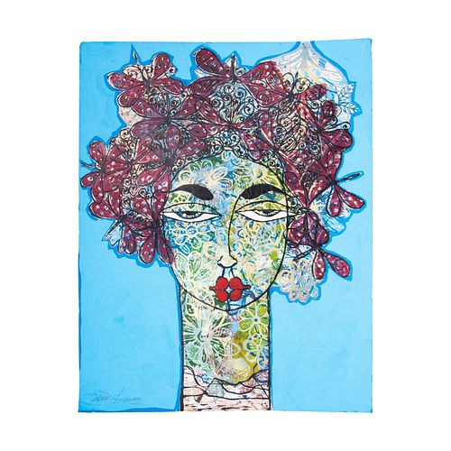 JUAN JOSÉ PÉREZ DIAZ-MARRERO (Cuba, 1963-). Mujer con flores I. Mixta sobre papel. Firmado y fechado 2022. 70 x 56 cm