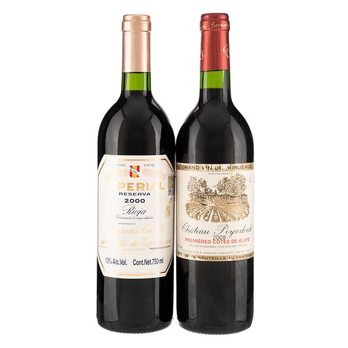 Lote de Vinos Tintos de Francia y España. a) Imperial. Cosecha 2000. Rioja. España. Nivel: