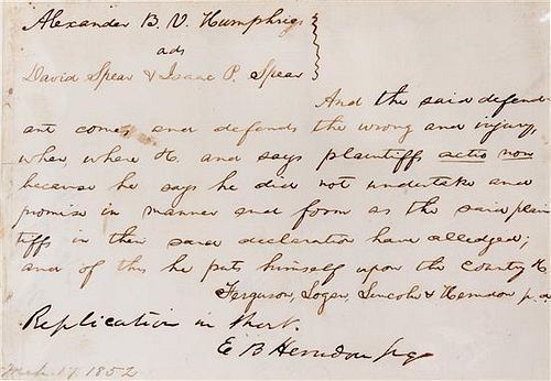 LINCOLN, ABRAHAM. Manuscript legal document, March 17, 1852.