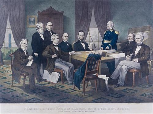 (LINCOLN, ABRAHAM) KIMMEL & FORSTER. President Lincoln and his Cabinet.... Engraving with hand-coloring. [1866]