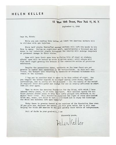 KELLER, HELEN. Typed letter signed, on personal letterhead, re: industrial accidents.