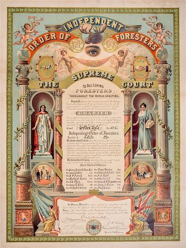(TORONTO LITHOGRAPHING CO.) Order of Independent Foresters, Toledo, OH. Chromolithographed and mss charter.