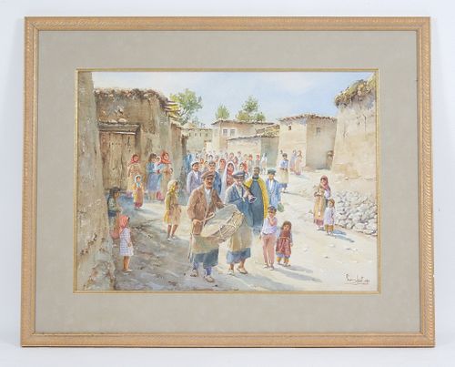 Sumbat Der Kiureghian Watercolor, Middle Eastern Street Scene.