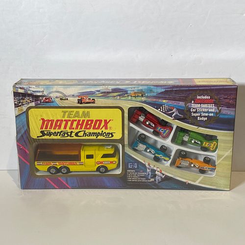 Matchbox Superfast G-4 Team Matchbox Gift Set, Including a 24 Team Matchbox Racing Car with metallic red body with blue background racing number "8" n