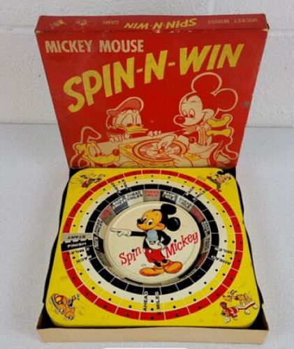 Disney Mickey Mouse Spin-N-Win Tin Litho Game Toy With Original Pieces Box
