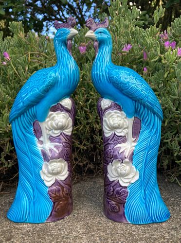 Pair Mid-Century Chinese Porcelain Turquoise Phoenix Birds