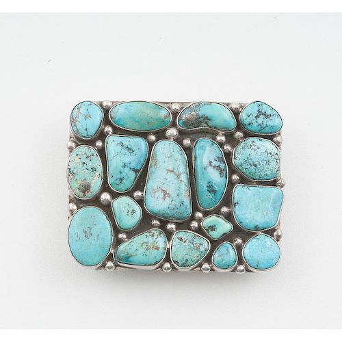 Navajo Silver and Turquoise Belt Buckle with 17 Sets
