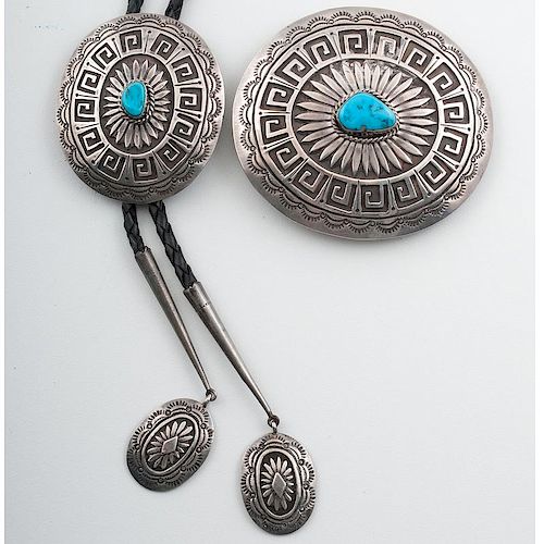 Vincent Chee Navajo Turquoise Bolo And Buckle Set