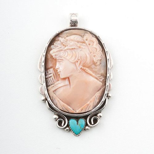 Navajo Silver Set Cameo with Turquoise Heart