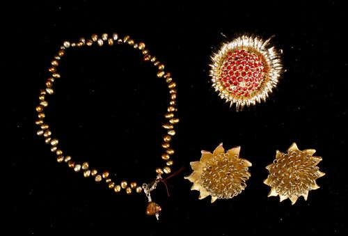 PEARL ANKLET, COSTUME FLORAL PIN & EARRINGS LOT