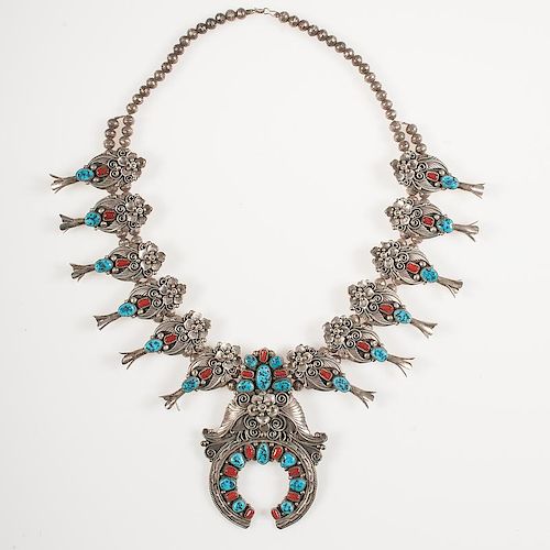 Navajo Silver, Turquoise, and Coral Super Ornate Squash Blossom for Those Craving Over-the-Top