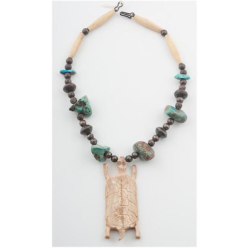 Navajo Silver Bead and Turquoise Necklace with Carved Turtle