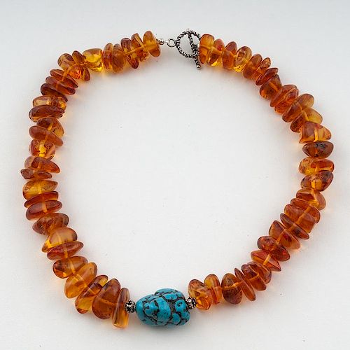 Southwestern Style Amber Necklace with Turquoise Nugget