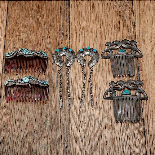 Navajo and Zuni Silver and Turquoise Hair Combs