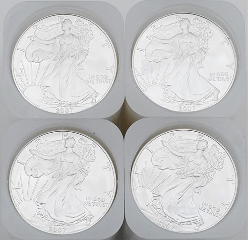 Four Rolls of 20-2007 1oz Silver American Eagle Dollar Coins BU