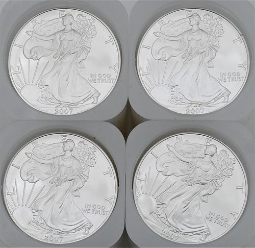 Four Rolls of 20-2007 1oz Silver American Eagle Dollar Coins BU