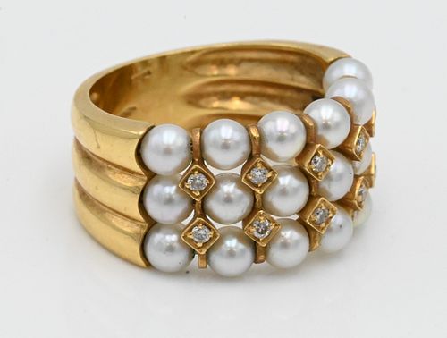 18 Karat Gold Diamond and Pearl Ring
