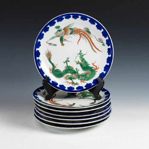 (7) 18th C Wucai Dragon and Phoenix Plate Set 