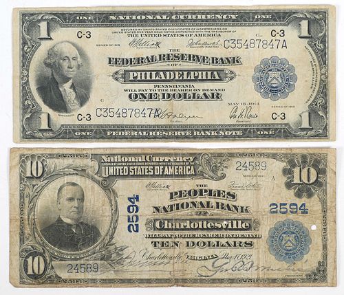 (2) US Large Notes $1 $10 1918 1902