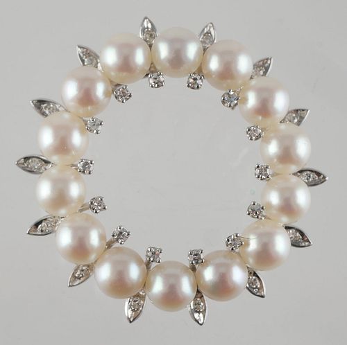 Akoya Pearl & Diamond 14k White Gold Brooch