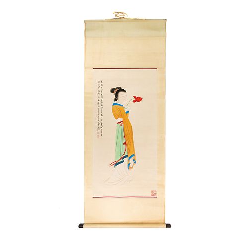 Chinese Maiden Painting on Paper Scroll