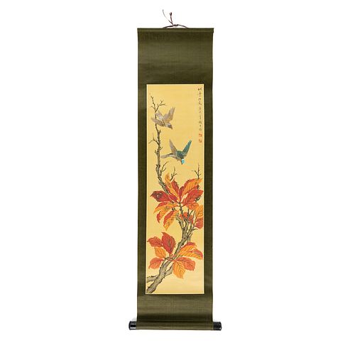 Chinese Autumnal Bird Painting on Paper Scroll