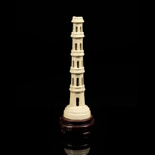 Chinese Carved Ivory Tower on Wood Base