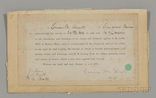 Alcott, Louisa May (1832-1888) Receipt Signed, Concord, Massachusetts, 1 August 1881.