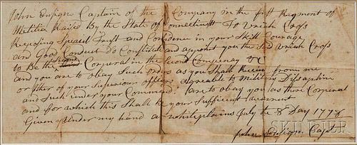 Cross, Uriah (1750-1835) and Captain John Ensign (1723-1810) Signed Field Promotion, Revolutionary War, 8 July 1778.