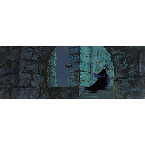 Maleficent and Diablo production cels and Eyvind Earle background from Sleeping Beauty