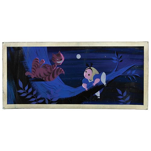 Mary Blair concept painting of Alice and Cheshire Cat from Alice in Wonderland
