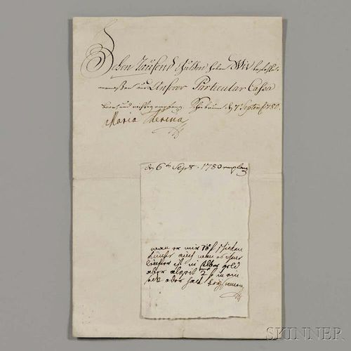 Maria Theresia Walburga Amalia Christina (1717-1780) Autograph Note Initialed, Vienna, 6 September 1780.