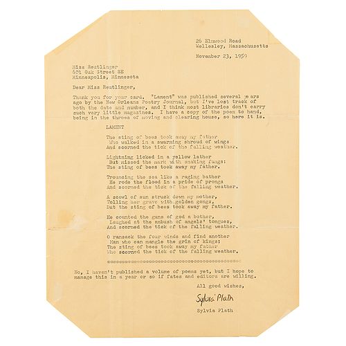 Sylvia Plath Typed Letter Signed with Poem: &#39;Lament&#39;
