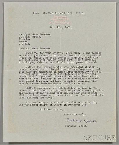 Russell, Bertrand (1872-1970) Four Typed and Signed Notes and Letters, July-September 1962.