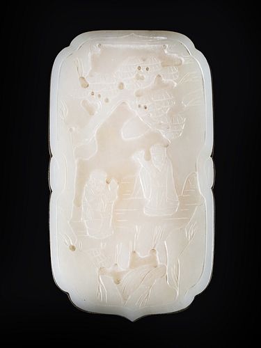 A WHITE JADE LANDSCAPE PLAQUE MOUNTED ON A SILVER BOX