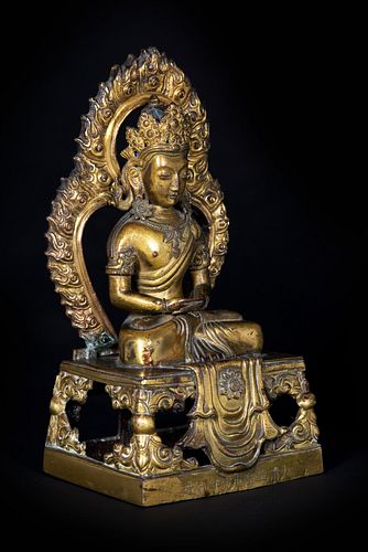 GILT-BRONZE FIGURE OF SEATED BUDDHA AMITAYUS WITH FLAME
