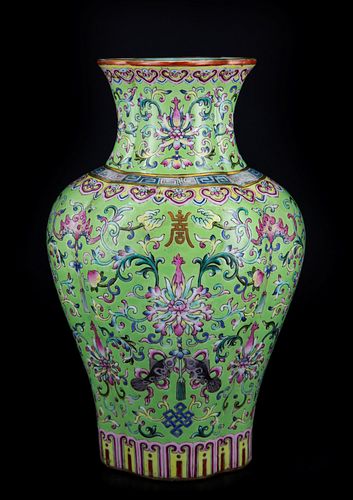*PREMIUM: A RARE IMPERIAL LIME-GROUND FAMILLE ROSE QUATREFOIL VASE, HAITANGPING   * Only room or telephone bids are accepted for this lot. 
