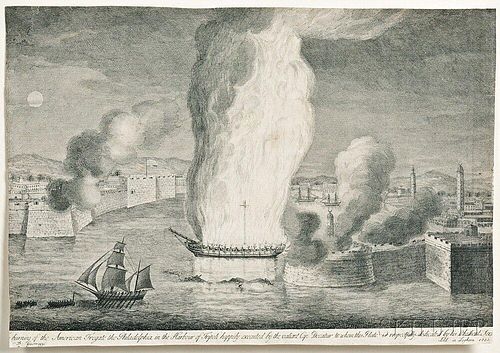 Barbary Wars; Guerrazzi, John B. (fl. circa 1805) The Burning of the American Fregate the Philadelphia in the Harbour of Trip
