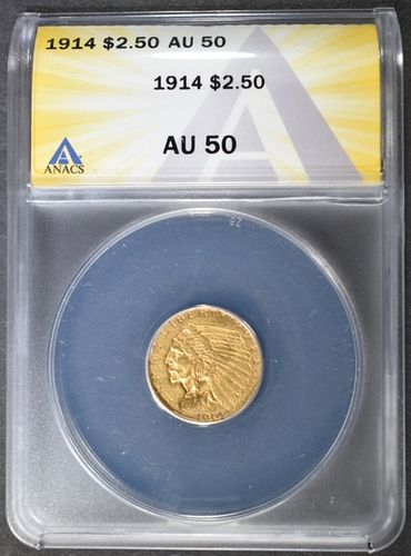 1914 GOLD $2.5 INDIAN  ANACS AU-50