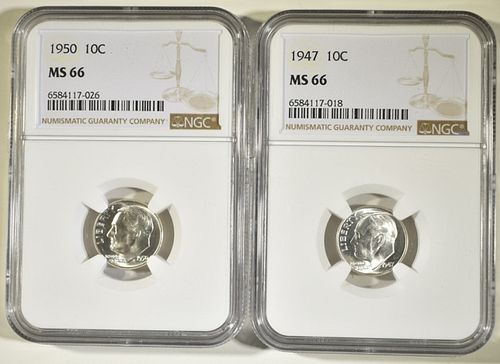 1947, 50  ROOSEVELT DIMES NGC MS66