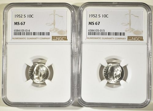 (2) 1952-S ROOSEVELT DIMES NGC MS-67
