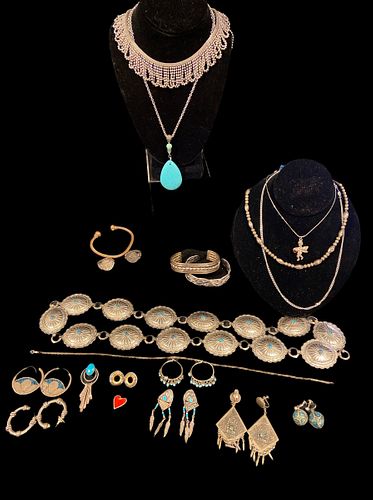 Collection Mostly Mexican Sterling Silver Turquoise Necklaces, Bracelets, Earrings 