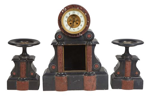 French Three Piece Inlaid Black and Rouge Marble Clock Set, c. 1870, the open escapement time and strike drum clock, with an enamel chapter ring, over