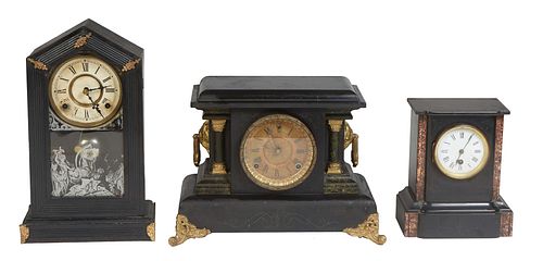 Group of Three American Clocks, 19th c, one an ebonized wood and spelter temple clock, time and strike, with a brass face, H.- 11 1/2 in., W.- 16 1/2 