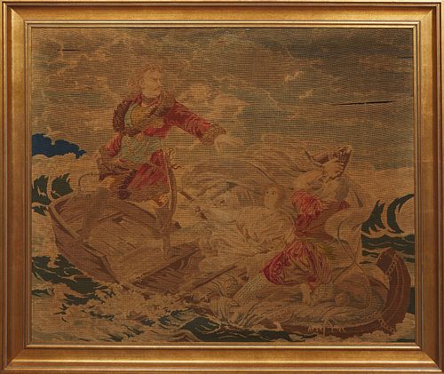 Continental School, "The Shipwreck," 19th c., English needlepoint, presented in a gilt frame, H.- 33 1/2 in., W.- 40 1/4 in., Framed H.- 39 3/4 in., W