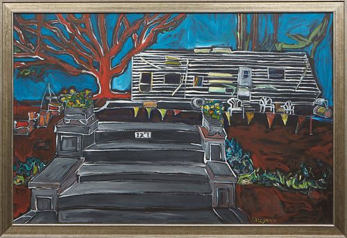 Marsha Ercegovic (New Orleans), "Stoop 127 with Fema Trailer," 21st c., oil on canvas, signed lower right, with article about Hurricane Katrina show a
