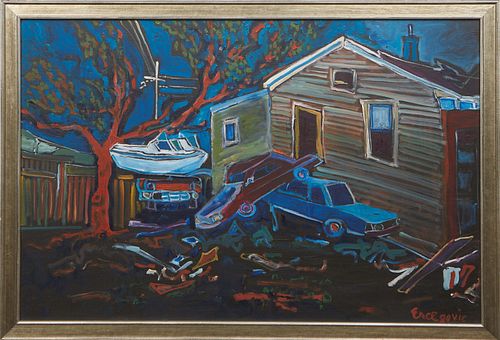 Marsha Ercegovic (New Orleans), "New Orleans After Hurricane Katrina," 21st c., oil on canvas, signed lower right, presented in a silvered frame, H.- 